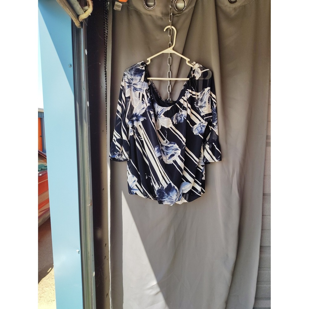 Espresso Navy Blue White Floral Stripe Bell Sleeve Blouse Top XL Women